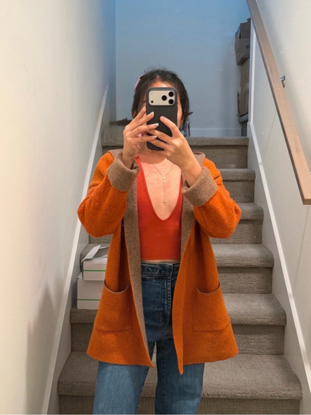 Chiaramente Made in Italy Rust Orange Hooded Knit Cardigan (S)